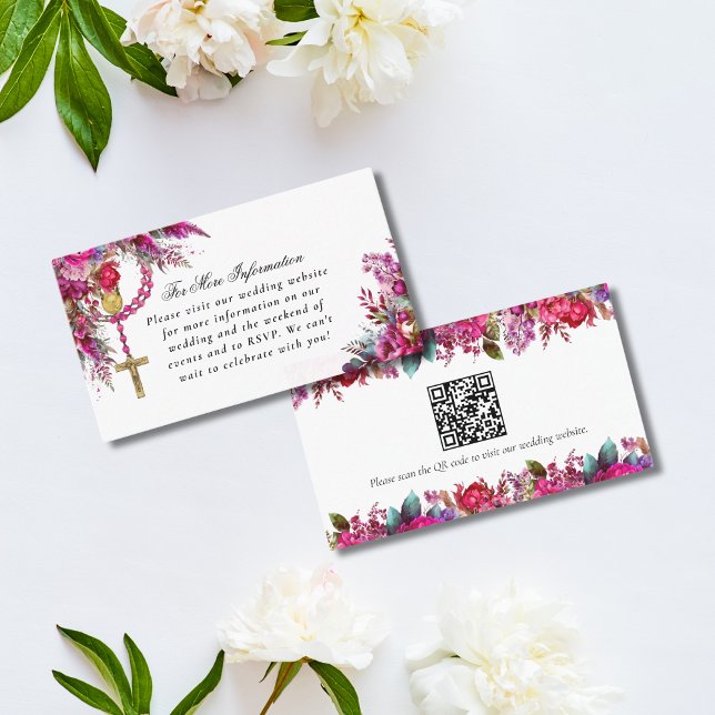 Visite Magenta Catholic Mariage Website QR Carte de boîti (Magenta pink floral Catholic wedding enclosure card with QR code and wedding website info)