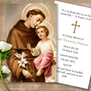 Visite Memorial Loss St Anthony Prayer Cartes de Sympathi
