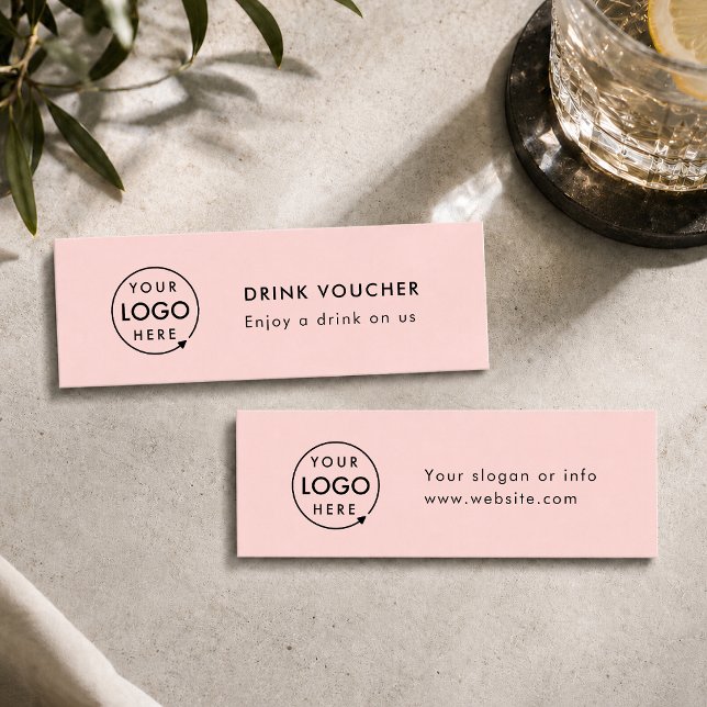 Visite Mini Bon de boisson | Carte de logo d'événement de fête (Feminine pink company branded drinks vouchers for small business events & corporate launch parties.)