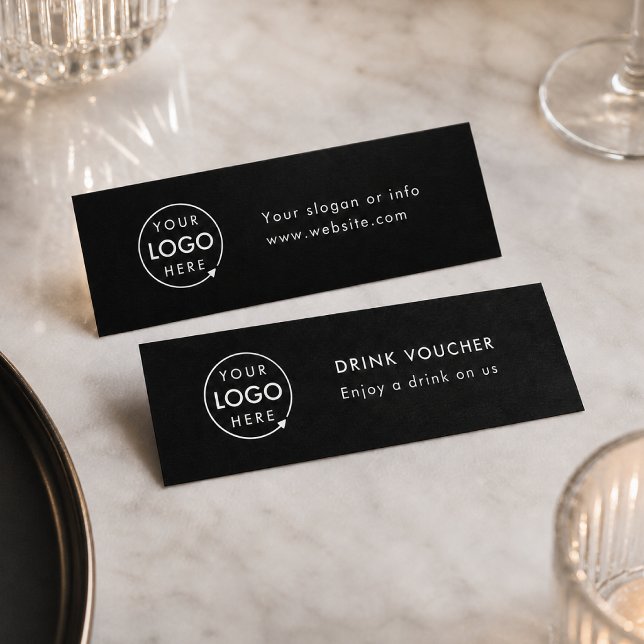 Visite Mini Bon de boisson d'entreprise | Carte de logo d'évén (Sleek black company branded drinks vouchers for small business events & corporate launch parties)