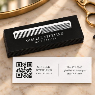 Visite Mini Carte de coiffeur Code QR Peigne Noir Blanc Salon
