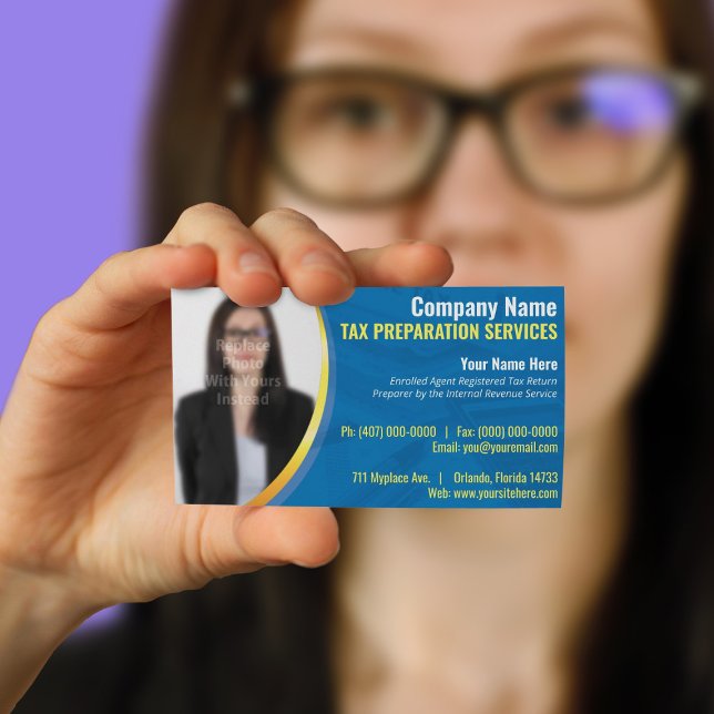 Visite Préparation de la taxe (préparation) Carte de visi (Customize tax preparer business cards by replacing with your own text and photo)