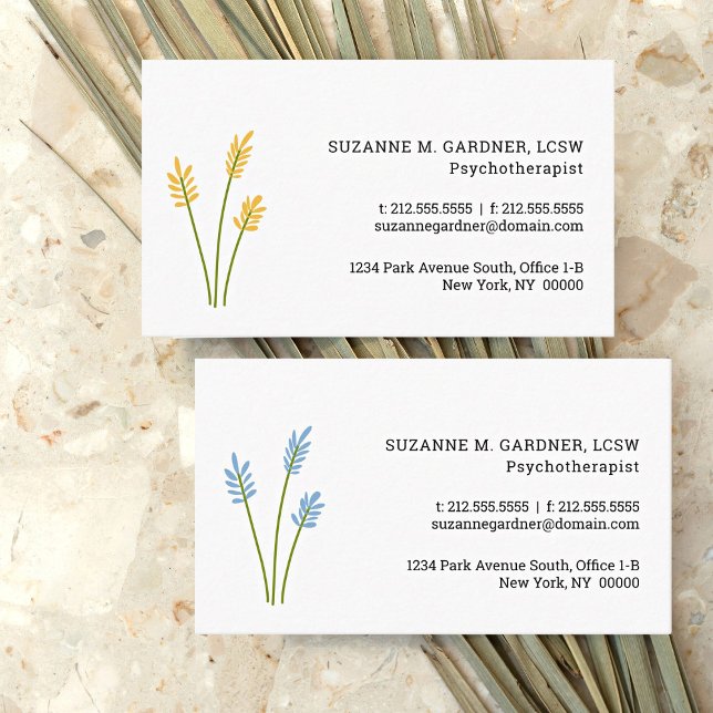 Visite Psychothérapeute simple Fleur Jaune Carte de visit (Two therapist business cards with simple yellow or blue flowers.)