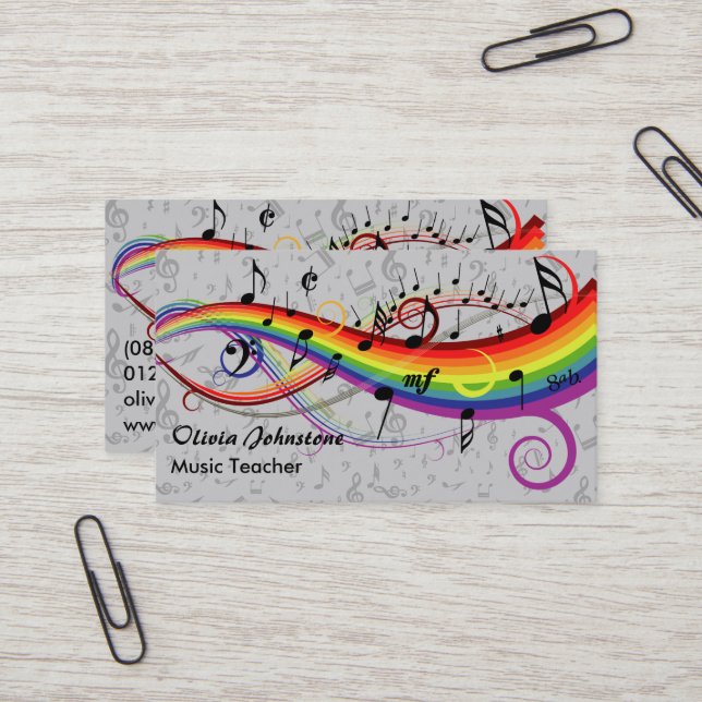 Visite Rainbow Black Musical Notes sur Grey Carte de visi (Devant/Arrière en situation)