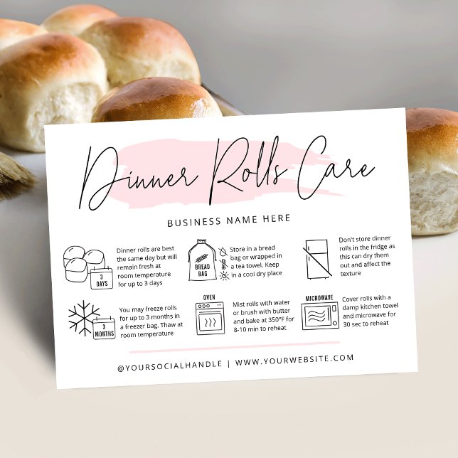 Visite Sourdouf Diner Rolls Carte de soins Aquarelle rose (Trendy sourdough dinner rolls care cards with icons, modern pink watercolor design and your logo)