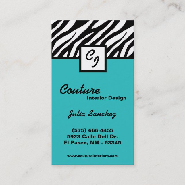 Visite Turquoise Zebra Imprimer Personnaliser le Carte de (Devant)