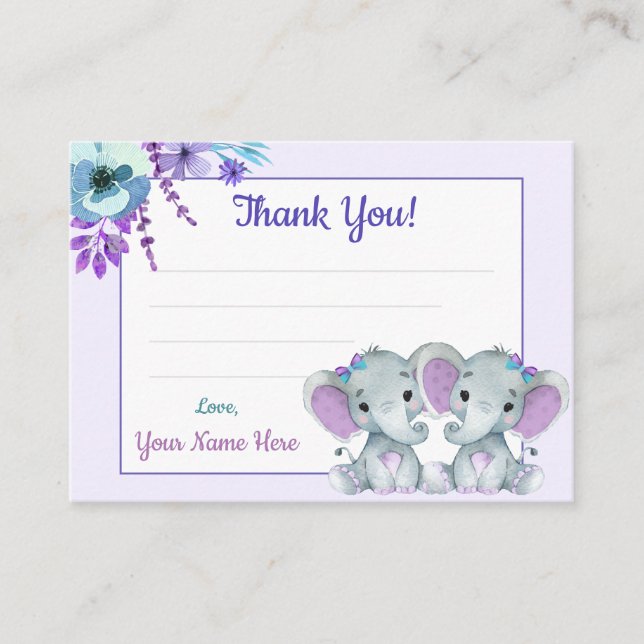 Visite Twin Girls Carte de remerciements Elephant Purple  (Devant)
