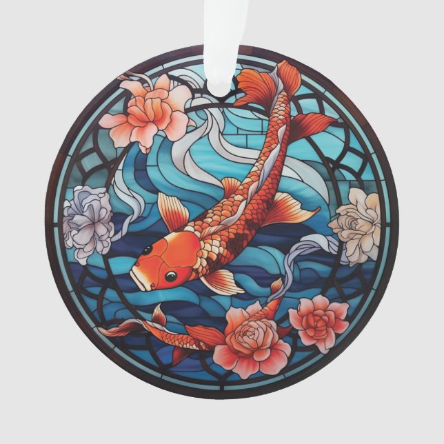 Vitrail asiatique style Koi Poisson et Camellias (devant)