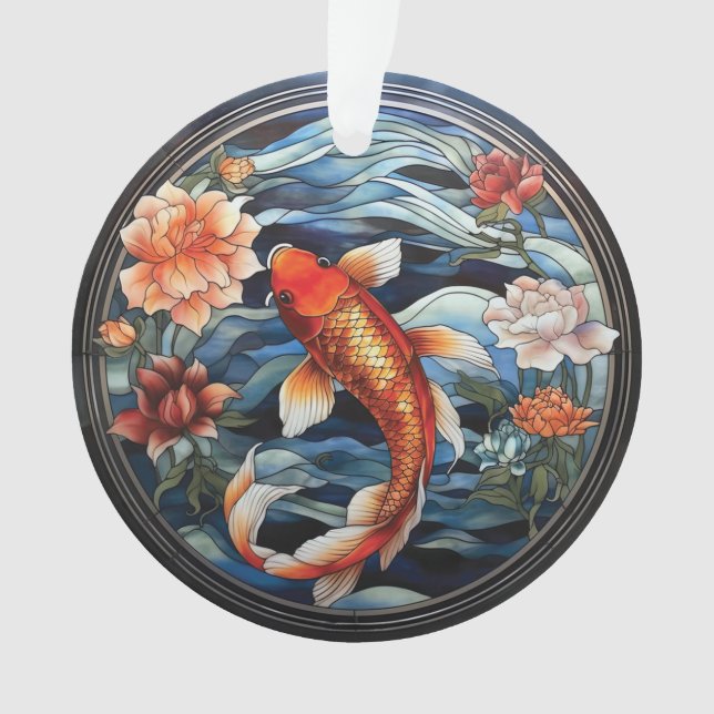 Vitrail asiatique style Koi Poisson et Camellias (devant)