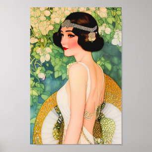 Vitre Art déco vintage des années 1920 Belle dame