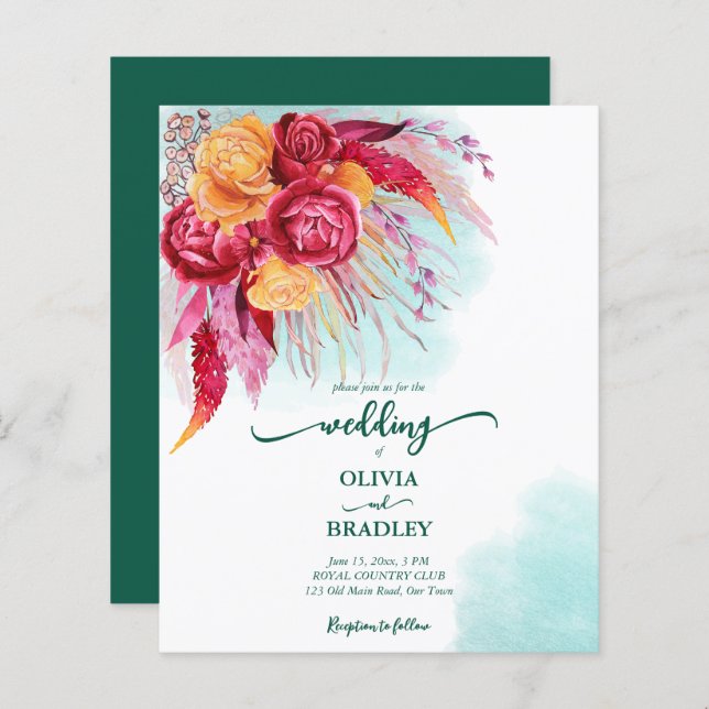 Viva magenta burgundy orange rose budget invitatio (Devant / Derrière)