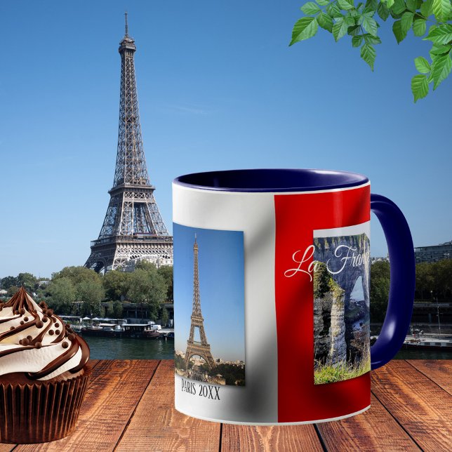 Vive La France Paris Drapeau français Photo Mug (Photo mug featuring your photos framed by an image of the French flag. For anyone who loves France)