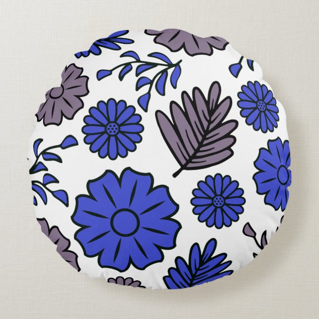 Vivid Brown & Deep Blue Floral Coussin rond (Devant)