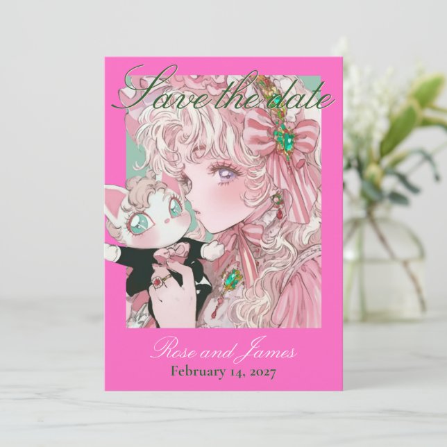 Vivid Pink Y2K Anime Gothic Cat Save the Date (Debout devant)