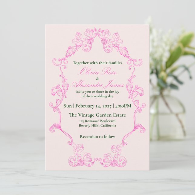 Vivid Pink Y2K Anime Gothic Cat Wedding Invitation (Debout devant)