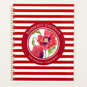 Vivid Red Poppies Floral Cercle Blanc rayures