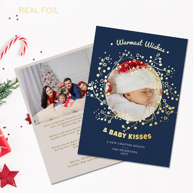 Vœux chaleureux baisers annonce bébé fantaisiste (baby announcement family holiday christmas card two photos whimsical gold wreath elegant chic navy)