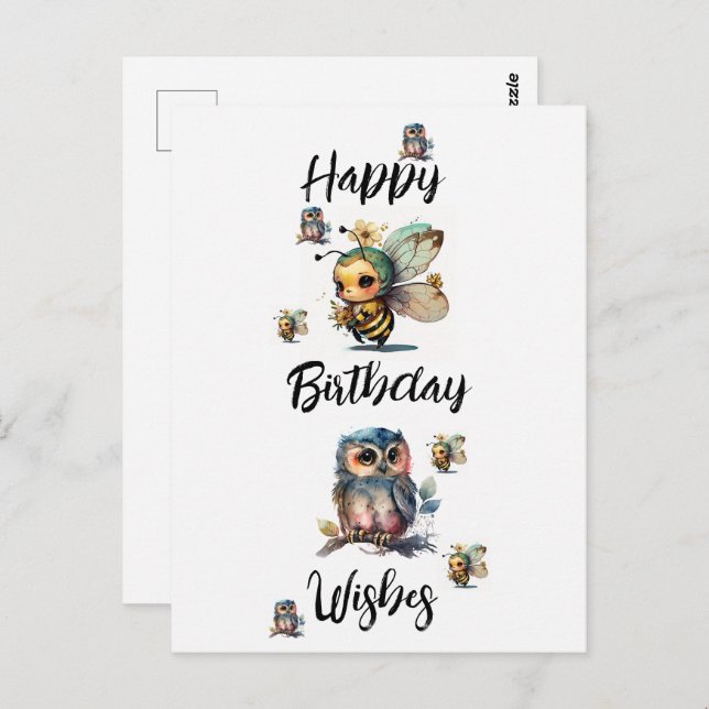 Vœux d'anniversaire Chouettes et Abeilles |  Carte (Devant / Derrière)