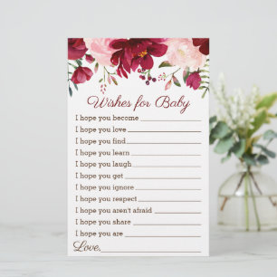 Voeux de Baby shower Jeu Bourgogne rose Floral