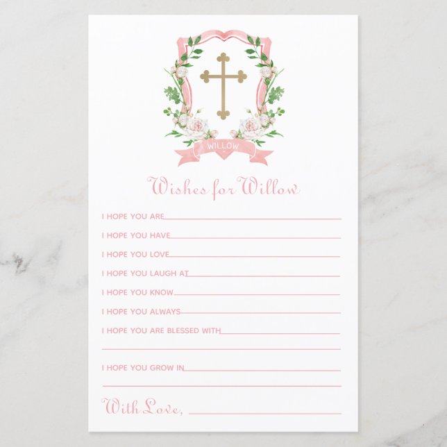 Vœux de baptême floraux rose pour bébé (Devant)