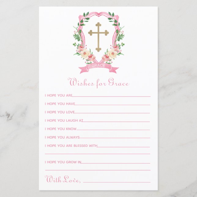 Vœux de baptême floraux roses pour bébé (Devant)