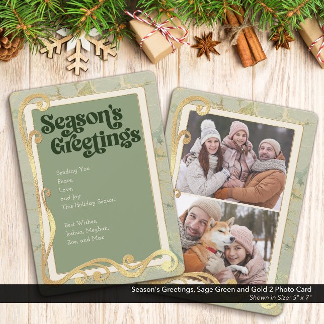 Vœux de la saison Vert sauge et or 2 Carte photo (Season's Greetings, Sage Green and Gold Holiday Two (2) Photo Greeting Card)