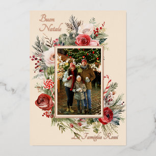 Vœux En Aluminium Buon Natale Photo Floral Blue Foil Carte de vacanc