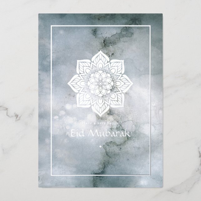 Vœux En Aluminium Carte de fête Eid Mubarak argentée à motif marbré (Recto)