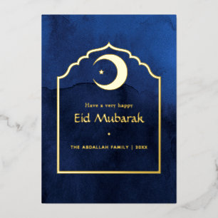 Vœux En Aluminium Carte de fête Eid Mubarak bleu marine et feuille d