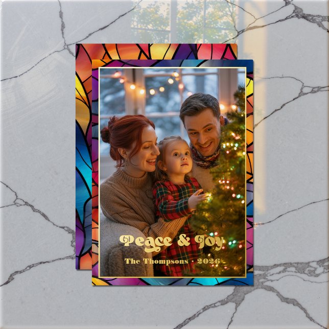 Vœux En Aluminium Carte de Noël avec photo de vitrail de Noël « Paix (Peace & Joy Stained Glass Window Christmas Photo Foil Holiday Card)