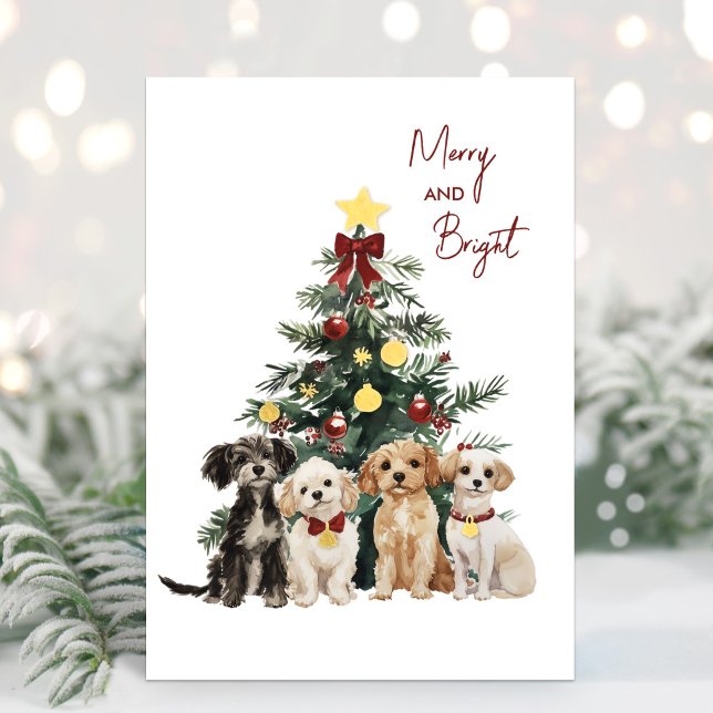 Vœux En Aluminium Carte de Noël Foil Merry & Bright Dogs (Stars, ornaments and bells on dog collars are gold foil)