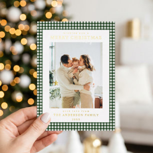Vœux En Aluminium Carte de Noël photo gingham vert forêt minimaliste