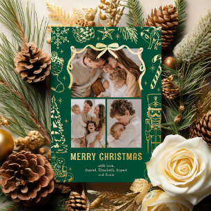 Vœux En Aluminium Carte de Noël Photo Vert Doodle 3 Or