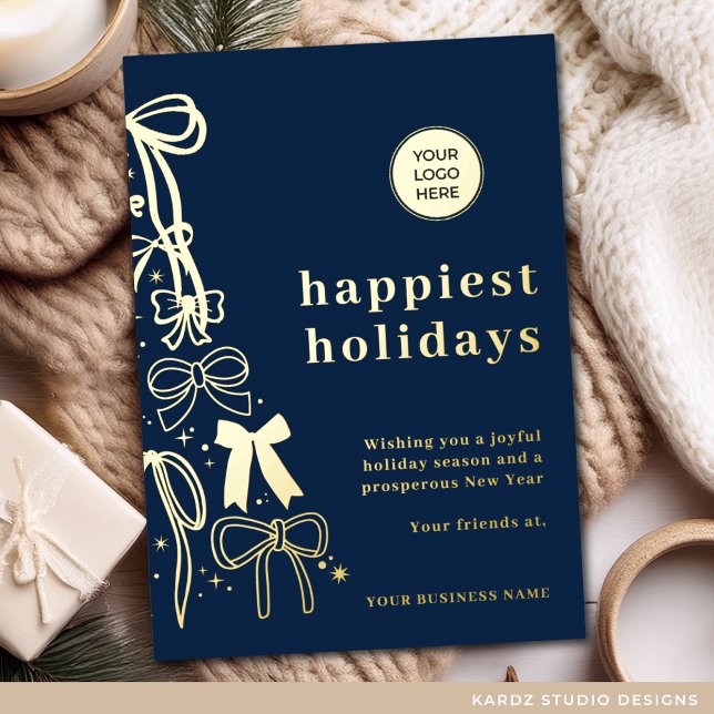 Vœux En Aluminium Carte d'or de Noël bleu d'entreprise moderne (Card is shown in 5 x 7 inches, personalize it with your logo and message. Choose foil color)