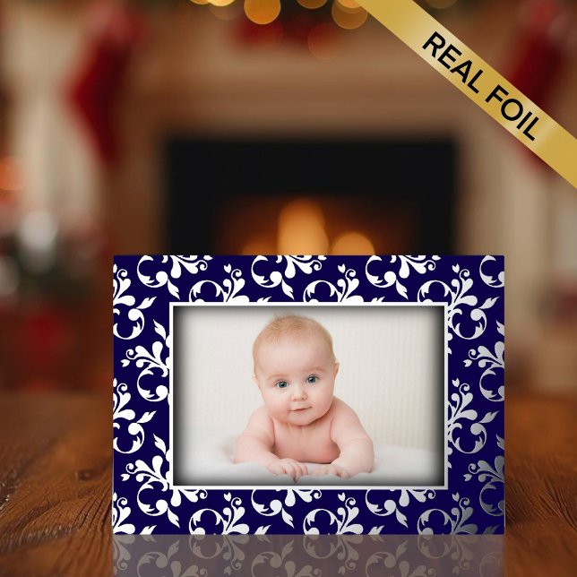 Vœux En Aluminium Carte photo Foil Faire-part de naissance (Photo Birth Announcement Foil Card - Silver Foil boarder)