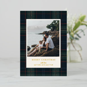 Vœux En Aluminium Élégant carte de Noël avec photo plaid bleu marine