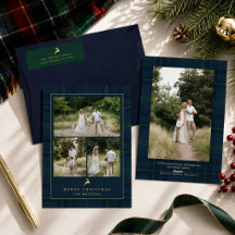 Élégante carte de Noël à carreaux tartan doré avec
