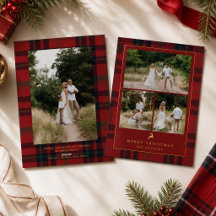 Élégante carte de Noël à carreaux tartan doré avec