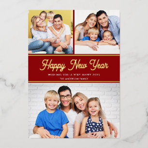 Vœux En Aluminium Joyeuse Année 3 Photos Papier D'or Rouge Carte de