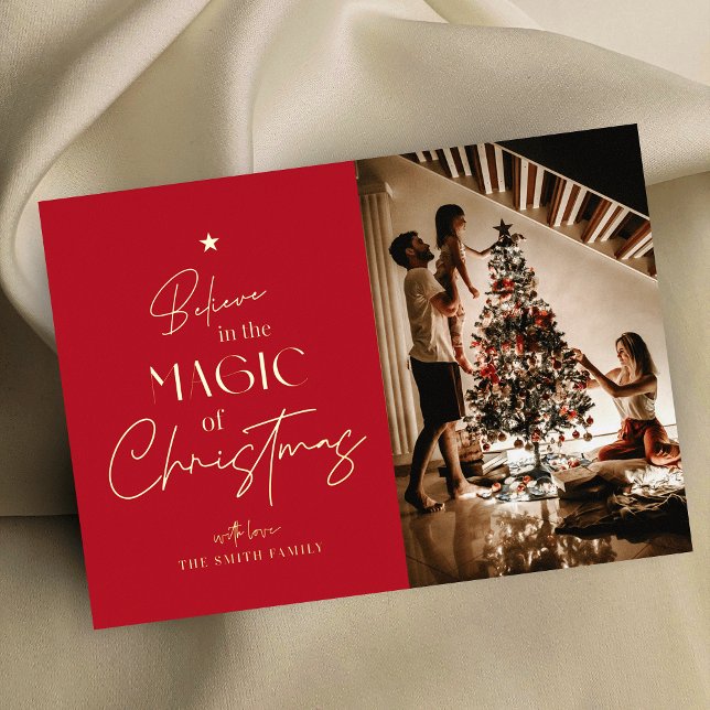 Vœux En Aluminium Joyeuse calligraphie de Noël Carte à huile photo r (Family photo Christmas greeting card in red and gold foil)