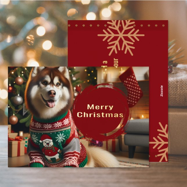 Vœux En Aluminium Joyeux Noël Sibérie Husky Foil Carte de voeux (The front and back of the Siberian Husky Christmas Holiday foil card)