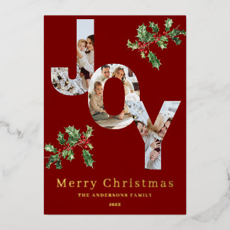 Vœux En Aluminium Modèle de photo JOY avec feuille d'or rouge carte