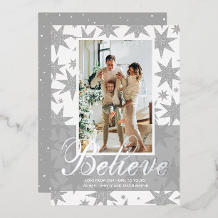 Vœux En Aluminium Silver Christmas Photo Believe Foil Carte de vacan