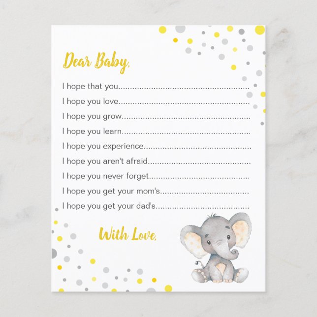 Vœux pour Baby Shower éléphant jaune gris pointill (Devant)
