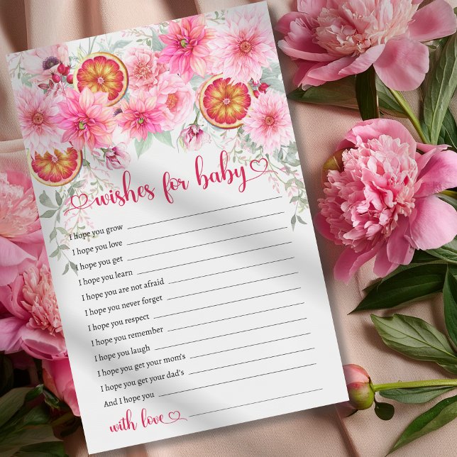 Voeux Pour Bébé Citrus Baby shower rose (Wishes for baby citrus with pink watercolor flowers baby shower game, girl baby shower,)