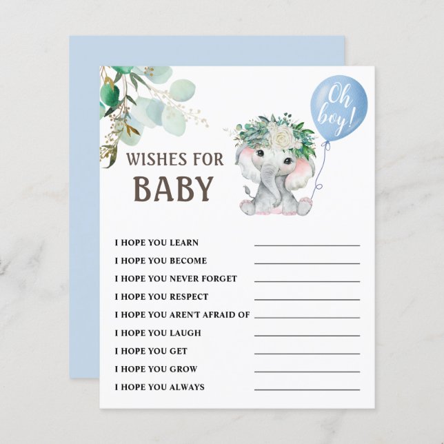 Voeux pour bébé | jeu Baby shower éléphant garçon (Devant / Derrière)