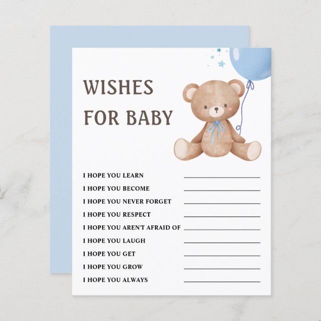 Voeux pour bébé | Teddy Bear Boy Baby shower Jeu (Devant / Derrière)