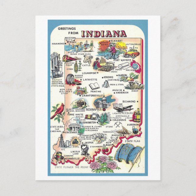 Voeux vintages de carte postale Indiana Map (Devant)