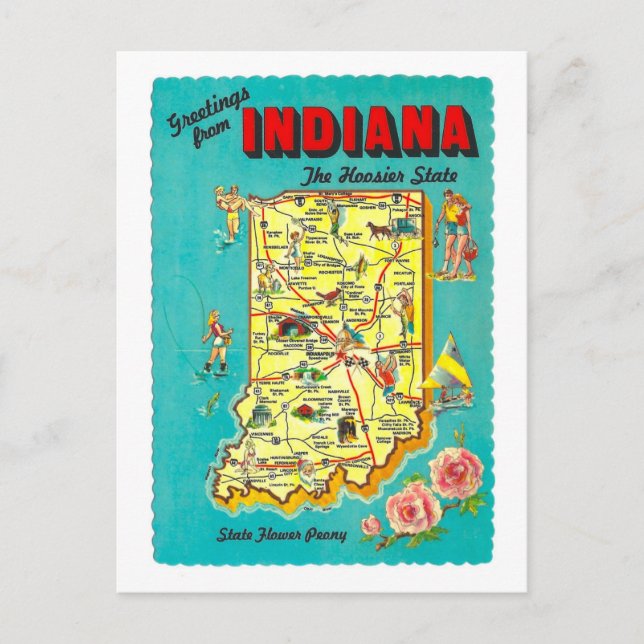 Voeux vintages de carte postale Indiana Map (Devant)