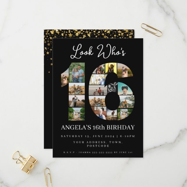 voici qui a 16 ans invitation photo d'anniversaire (Devant/Arrière en situation)